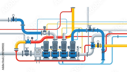 Complex industrial piping system with multiple pumps, valves, and color-coded pipes against a white background.