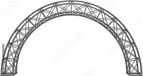 A curved aluminum metal truss structure forms a semi circular arch suitable for staging and event installations in industrial design stage silver framework equipment transparent background