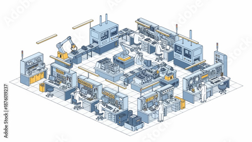 Isometric illustration of a modern, high-tech laboratory with robotic arms, workstations, and advanced scientific equipment.