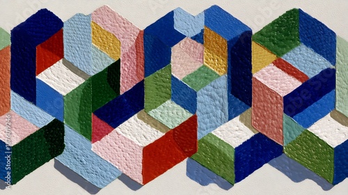 Abstract cubist pattern with vibrant blocks casting shadows on a white background.