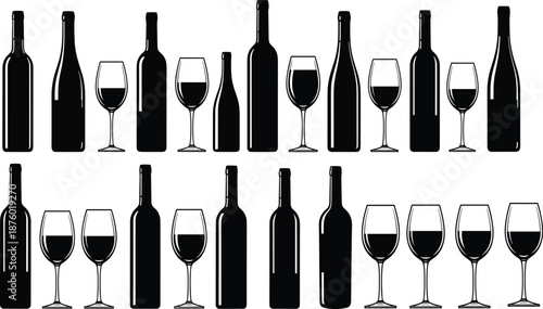 Black, wine, bottle, and, glass, silhouettes, set, various, shapes, and, sizes, isolated, on, white, background, vector, illustration, for, bar, menu,