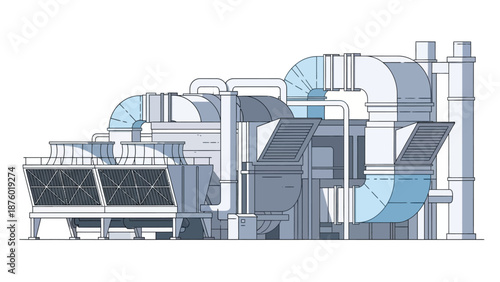 Illustration of a large industrial facility with cooling towers and complex ductwork.