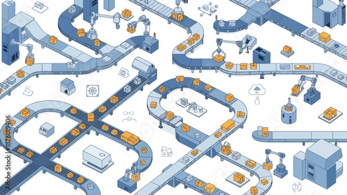 An intricate isometric illustration of a modern automated factory assembly line with robotic arms and conveyor belts moving packages.