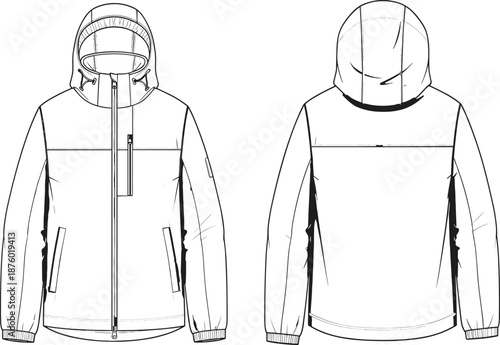 Blank, white, hooded, outdoor, jacket, technical, sketch, showing, front, and, back, views, zipper, pockets, apparel, template, isolated, vector, clothing, mockup,