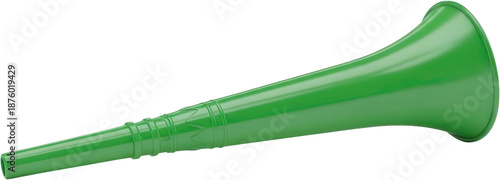 A glossy bright green plastic vuvuzela horn with ribbed texture detail angled diagonally across the frame trumpet noise maker stadium sport event celebration party transparent background