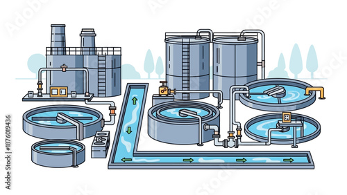 Illustration of a complex water treatment plant with multiple tanks, pipes, and filtration systems.