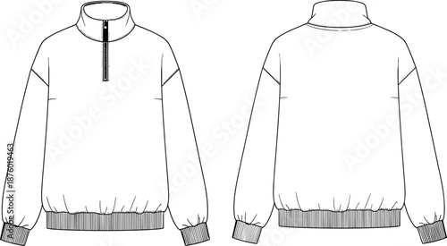 Blank, white, quarter, zip, sweatshirt, technical, sketch, showing, front, and, back, views, long, sleeve, pullover, template, isolated, vector, apparel, mockup,