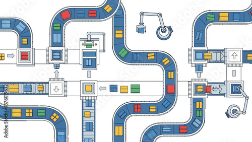 An intricate network of automated conveyor belts and robotic arms efficiently sorting and moving various colored boxes in a factory setting.