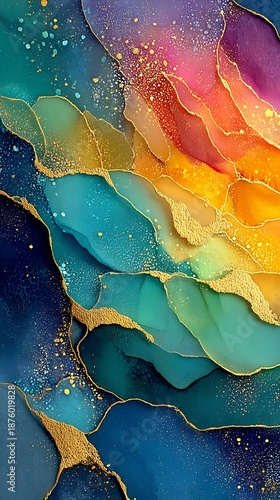 Stunning fluid art with a vibrant rainbow of colors and elegant gold details.