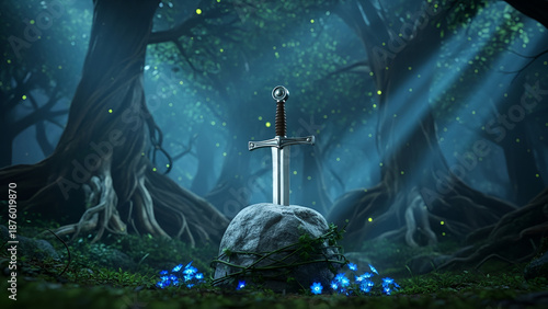 Enchanted dark forest scene with a gleaming sword embedded in grey stone, surrounded by blue glowing flowers and fireflies under magical moonlight. Ideal for fantasy book covers, game design,