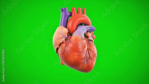 Detailed anatomical model of a human heart with highlighted arteries and veins on a green background.