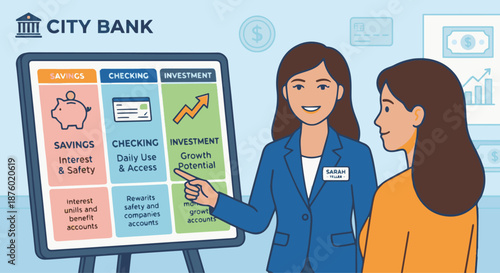 Explaining Account Options
A flat vector illustration of a bank teller explaining different account options using charts or icons. 