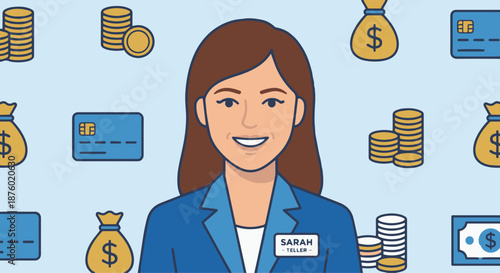 Friendly Bank Teller Portrait
A flat vector illustration of a friendly bank teller smiling confidently, wearing a uniform or name badge. Simple background with finance icons like coins and cards.