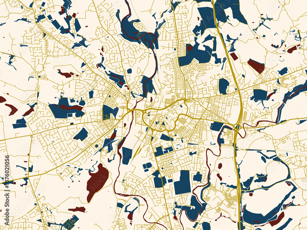 Fototapeta premium Abstract city map of Bury, United Kingdom with cream map with gold lines