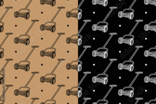 Reel lawn mower gardening tool with star hand drawn seamless pattern background for merchandise. Push lawn mower motif wallpaper. Farming grass cutter repeating motif background. Vector Illustration
