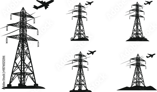 High voltage electric power transmission tower silhouettes with airplanes flying in the sky over industrial landscape background for energy concept,