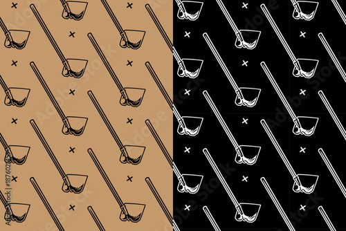 Digging hoe tool with cross hand drawn seamless pattern background for merchandise. Hoe gardening tool with crossed motif wallpaper. Farming hoe repeating surface for harvest. Vector Illustration