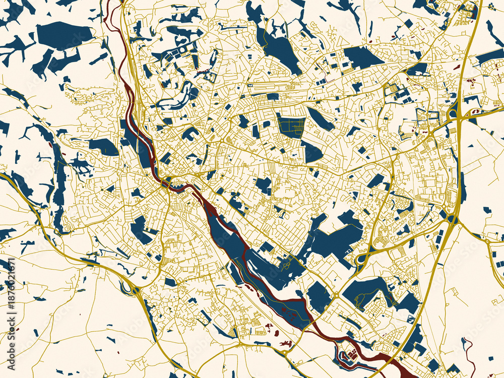 Fototapeta premium Poster-style map of Exeter, United Kingdom using cream map with gold lines