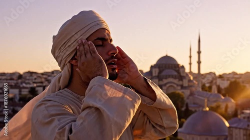 Muezzin Sings Adhan Prayer Call Istanbul Sunset Skyline