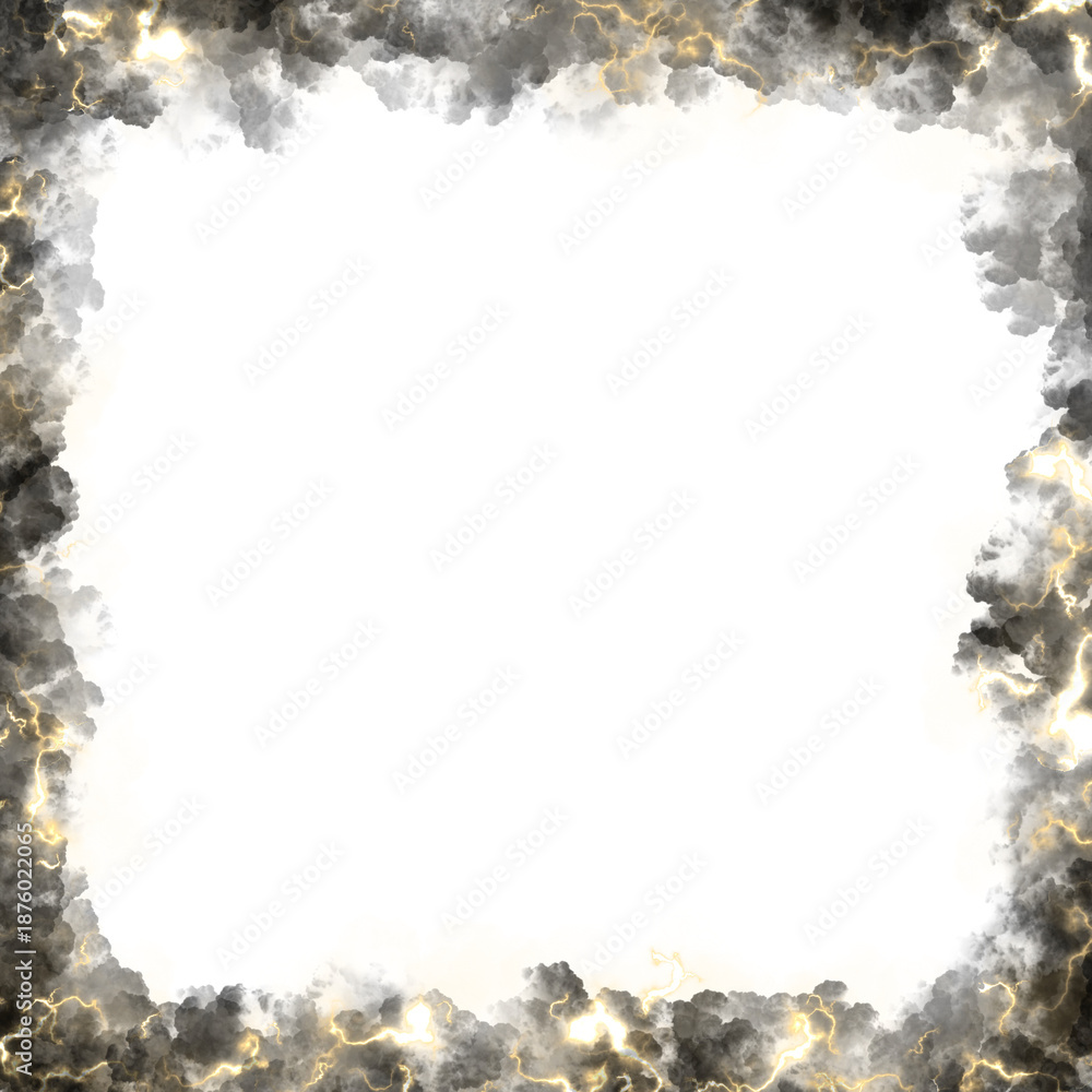Fototapeta premium Realistic square storm cloud frame with golden lightning on transparent background