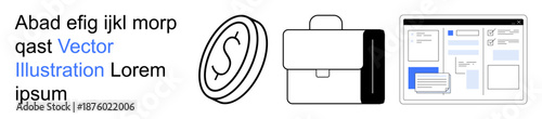 Business, finance, marketing, online services, corporate identity, digital platforms. Coin symbol, briefcase and website layout. Business and finance concept with clear visual