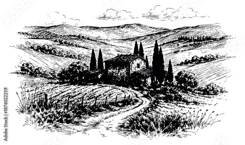 Hand drawn line art illustration of a rural Tuscan landscape depicting a traditional farmhouse among rolling hills and cypress trees for travel and country themes