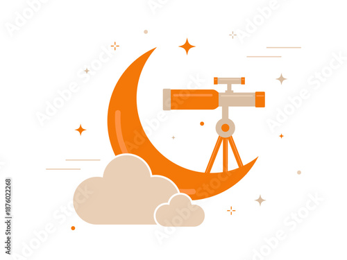 Crescent Moon Telescope  Astronomical Night Sky Observation Illustration