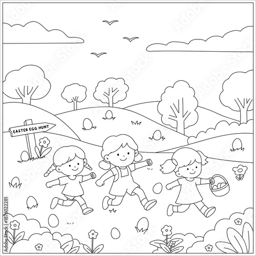 Easter Egg Hunt Adventure Coloring Page for kids. Easter coloring pages easter worksheets printable for kids activity, Kindergarten and preschool.