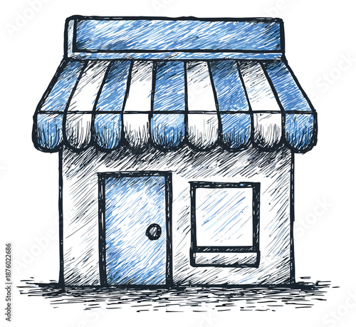 Hand drawn line art illustration of a small store depicting a blue striped awning for retail business concepts