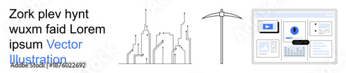 Urban planning, data research, construction projects, mining, analytics, technology design. Architectural skyline, digital dashboard and a pickaxe. Urban planning and data research presented