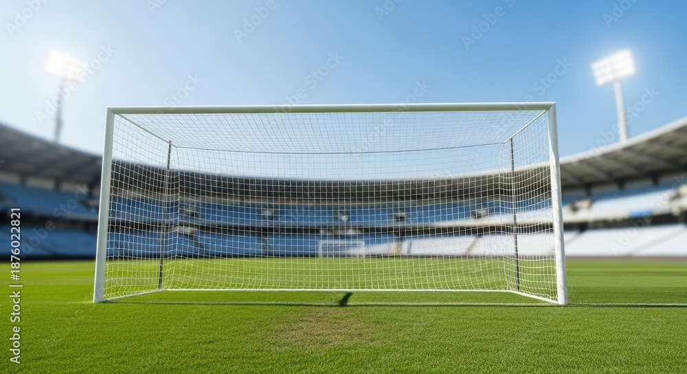 Fototapeta premium A soccer goalpost in a stadium with a clear blue sky in the background.