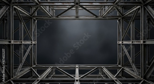 A metallic frame structure with a dark, industrial background.