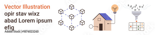 Blockchain systems, smart home automation, data processing, sustainable energy, innovation, and technology solutions. Visuals include blockchains, a house and a data funnel. Blockchain systems