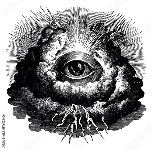 Vintage line art illustration of Eye of Providence depicting a watchful eye with light rays and clouds for spiritual and mystical symbolism