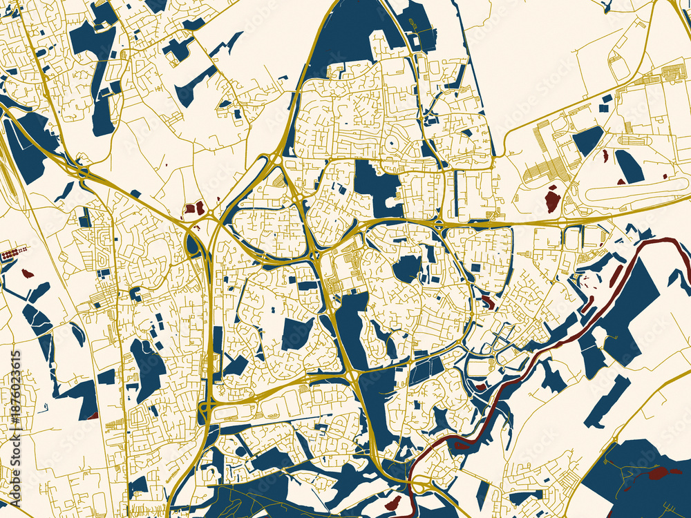 Fototapeta premium Urban map of Washington UK, United Kingdom in a flat palette: deep-red water with clean ivory streets and warm gold road lines on a soft cream background