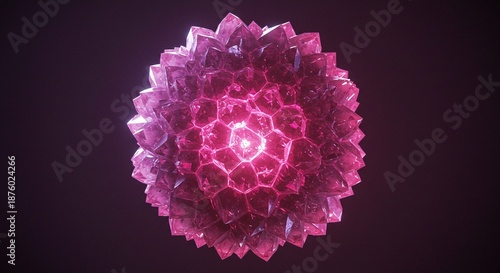 A radiant, pink crystal sphere pulsates with light, its facets sparkling against a dark background.