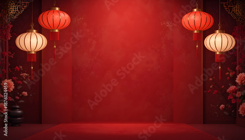 Empty Red Stage Backdrop with Chinese Lanterns and Cherry Blossoms for Product Display, happy valentine's day background, chinese new year, 