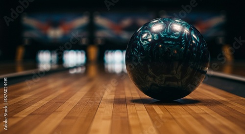 A bowling ball rests on the wooden lane, pins blurred in the background, ready for the next strike.