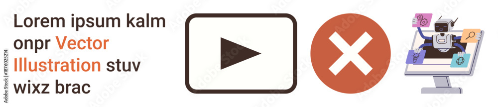 Fototapeta premium Digital media, automation, error detection, data processing, content management, and AI integration. Play button, red cross and robot with documents on screen. Media and automation concepts