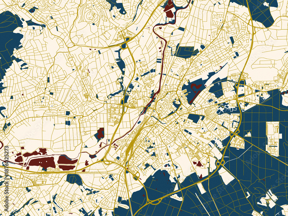 Fototapeta premium Abstract city map of Giessen, Germany with midnight red and gold palette