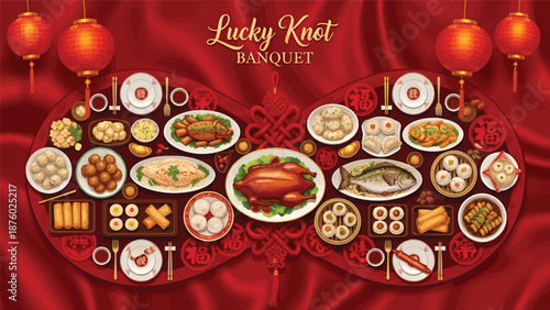 Chinese New Year Food Display on Red Background.