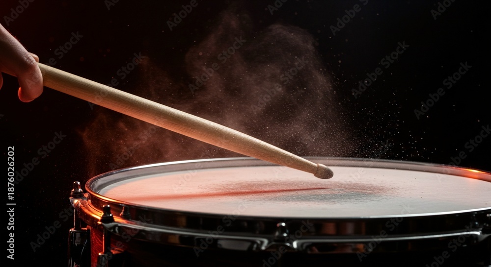 Obraz premium A drumstick striking a drum with force creates a cloud of dust, the essence of rhythm.