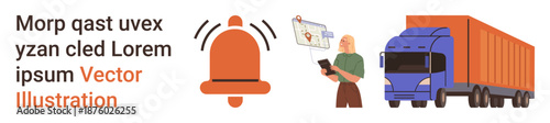 Logistics, delivery services, notification systems, freight transportation, supply chain, efficiency. Illustration of a notification bell, person with a tablet and a truck. Logistics and delivery