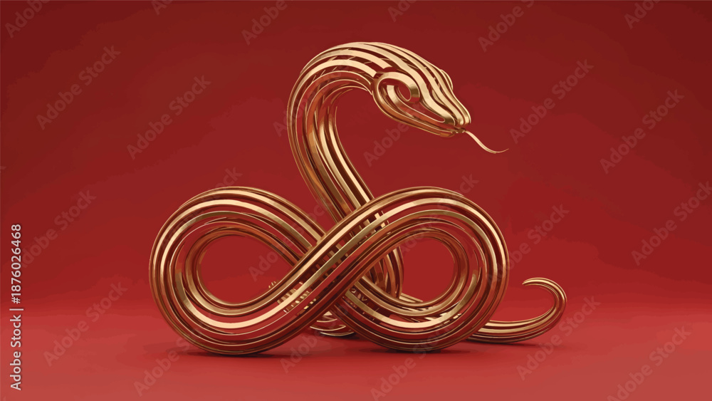 Fototapeta premium Golden Snake Sculpture on Red Background.