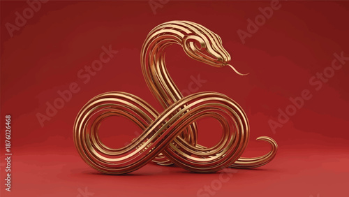 Golden Snake Sculpture on Red Background.