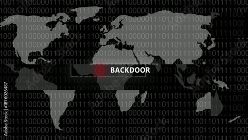 Dark map with binary code and backdoor warning
