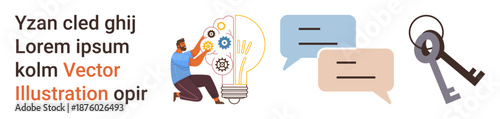 Innovation, communication, technology, problem-solving, security, brainstorming. A person adjusts a lightbulb with gears, accompanied by chat bubbles and keys. Innovation and communication concepts