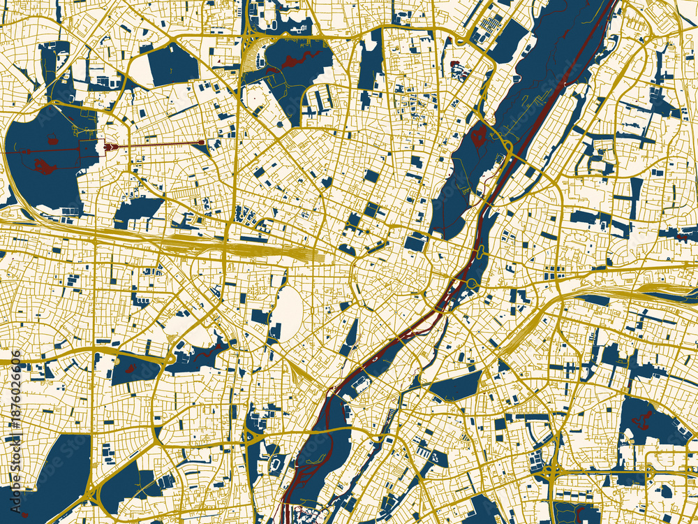 Fototapeta premium Abstract city map of Munchen, Germany with dark red water and warm gold roads