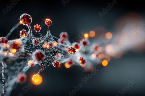 A futuristic abstract visualization reminiscent of a neural network or molecular structure with interconnected glowing nodes.  