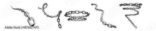 glossy 3d chrome chains in various twisted and linked formations, symbolizing strength, connection, or restriction.